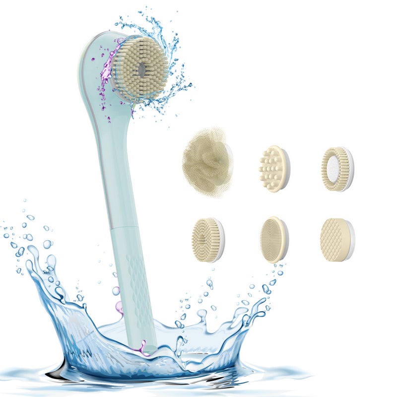 Electric Body Brush Back Scrubber for Shower Type-C Rechargeable IPX7 Waterproof 3 Gears 6-in-1 Shower Brush Heads Cordless Exfoliating Bath Brush with Long Handle Deep Cleansing for Shower Bathing - Image 1