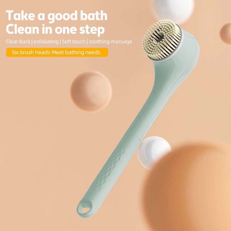 Electric Body Brush Back Scrubber for Shower Type-C Rechargeable IPX7 Waterproof 3 Gears 6-in-1 Shower Brush Heads Cordless Exfoliating Bath Brush with Long Handle Deep Cleansing for Shower Bathing - Image 2