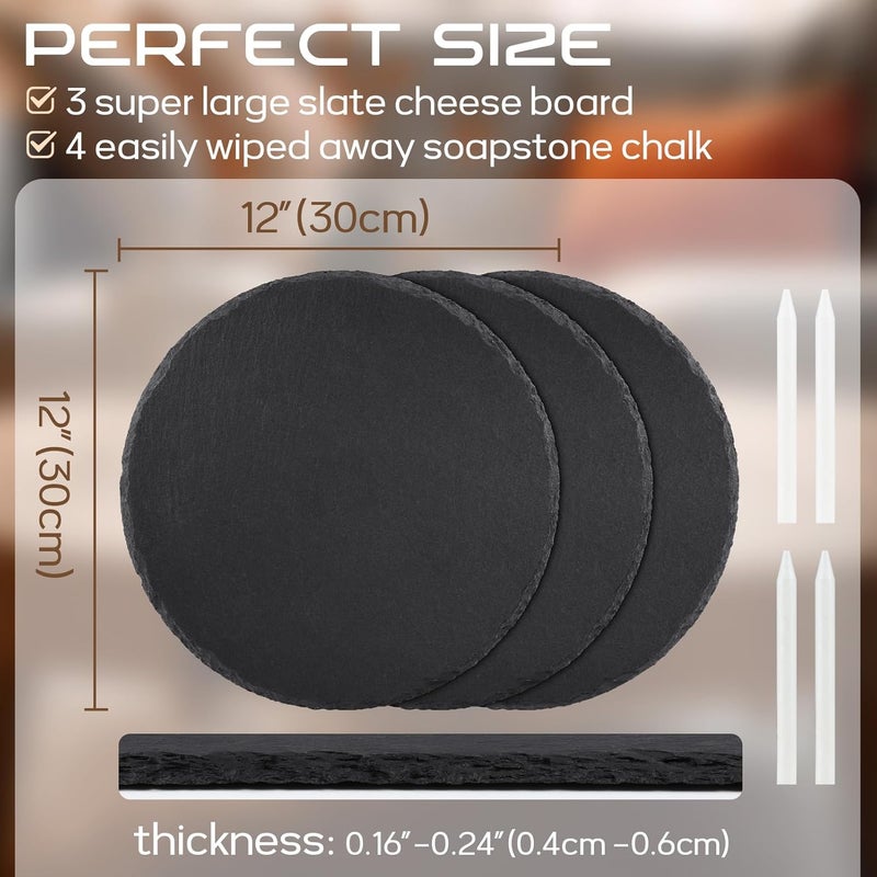 GOH DODD 12 Inch Set of 3 Large Slate Cheese Board, Charcuterie Boards Stone Slate Plates, Laser Engraving Blanks for Meat Fruit Appetizers Sussi Party Wedding Housewarming Gifts, Round - Image 3