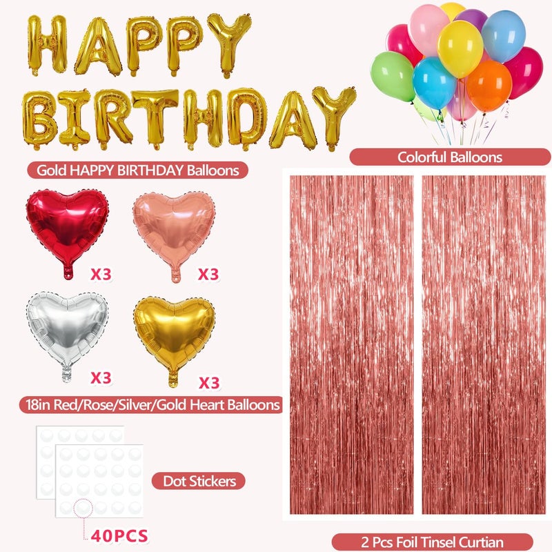 wohohoho 77Pcs Rose Gold Happy Birthday Party Decorations, Happy Birthday Banner, Rose Gold Streamers Tinsel Backdrop, 4 Colors Heart Balloons with 50Pcs Colorful Balloons Party Decor for Girls Women Princess - Image 2