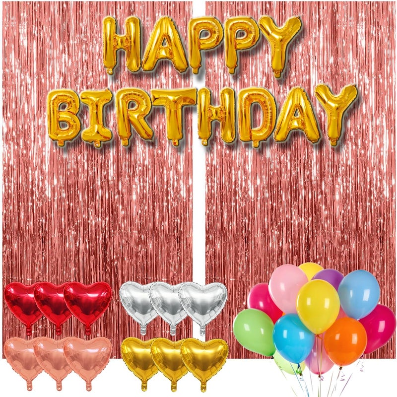 wohohoho 77Pcs Rose Gold Happy Birthday Party Decorations, Happy Birthday Banner, Rose Gold Streamers Tinsel Backdrop, 4 Colors Heart Balloons with 50Pcs Colorful Balloons Party Decor for Girls Women Princess - Image 1