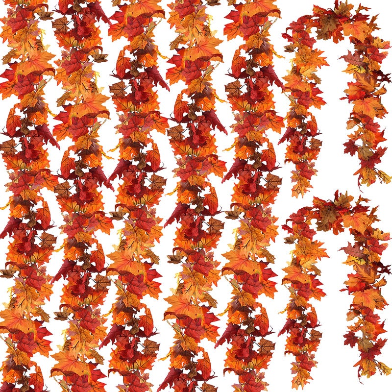 CQURE 7 Pack Fall Leaf Garland Hanging Fall Vines Autumn Garland Artificial Maple Fall Leaves Thanksgiving Decor for Home Wedding Fireplace Party
