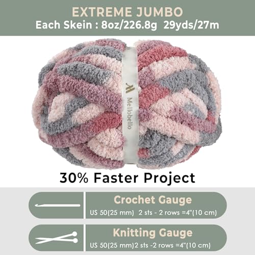 mellobello Jumbo Chunky Yarn for Hand Knitting - Super Thick Chenille Chunky Yarn for Crocheting - Extra Soft Bulky Fluffy Blanket Big Yarns 8 Jumbo Pack (27yds,8 oz Each Skein) - Image 3