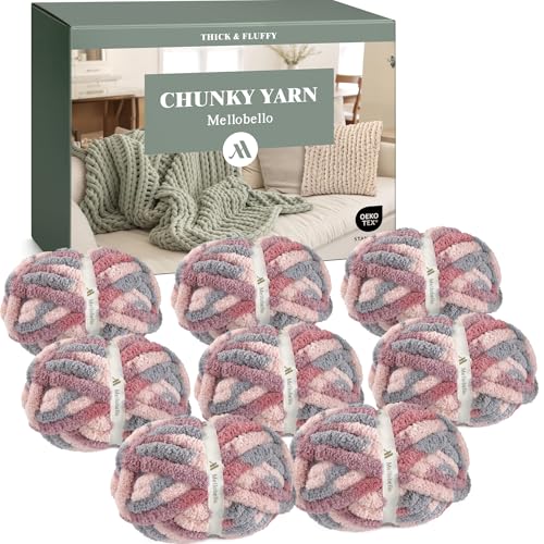 mellobello Jumbo Chunky Yarn for Hand Knitting - Super Thick Chenille Chunky Yarn for Crocheting - Extra Soft Bulky Fluffy Blanket Big Yarns 8 Jumbo Pack (27yds,8 oz Each Skein) - Image 1