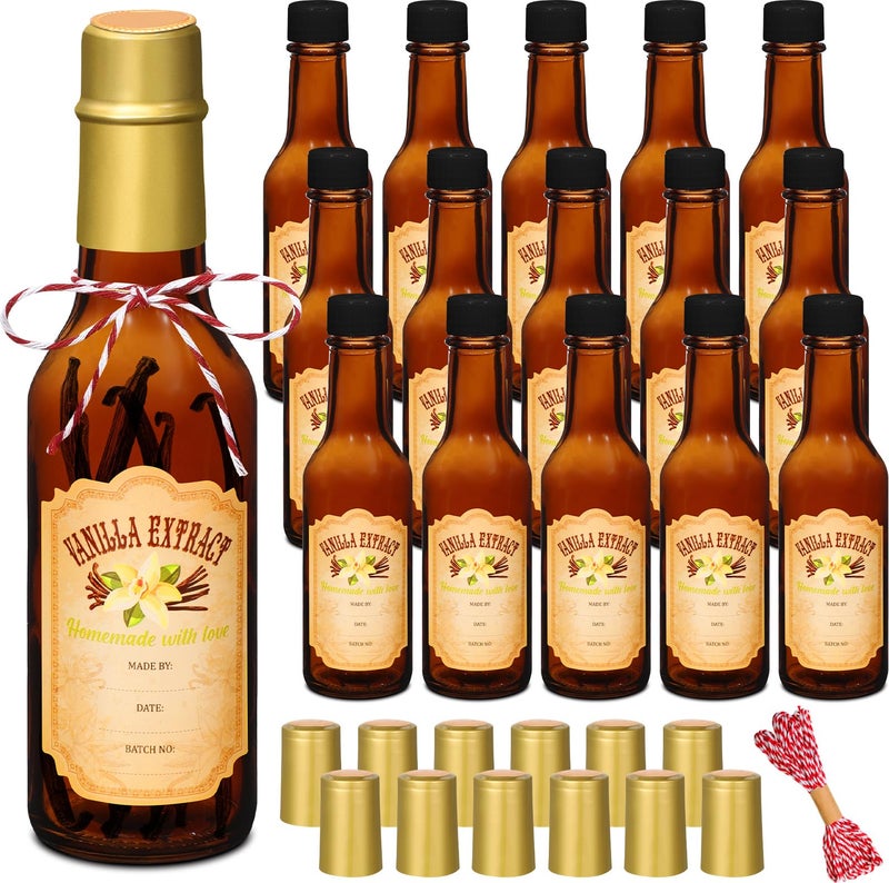 Tioncy 16 Pcs Empty Vanilla Extract Bottles for Homemade Vanilla Jar Glass Bottle with Cap, Shrink Band, Sticker DIY Crafts Wedding Gift Food Storage Canister for Bean - Image 1