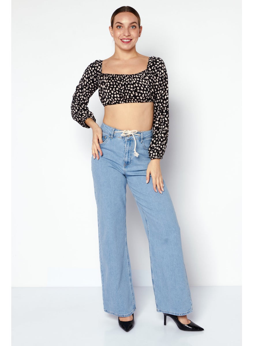 Endless Blu - Women Square Neck Long Sleeve Top, Black - Image 1