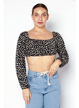 Women Square Neck Long Sleeve Top, Black