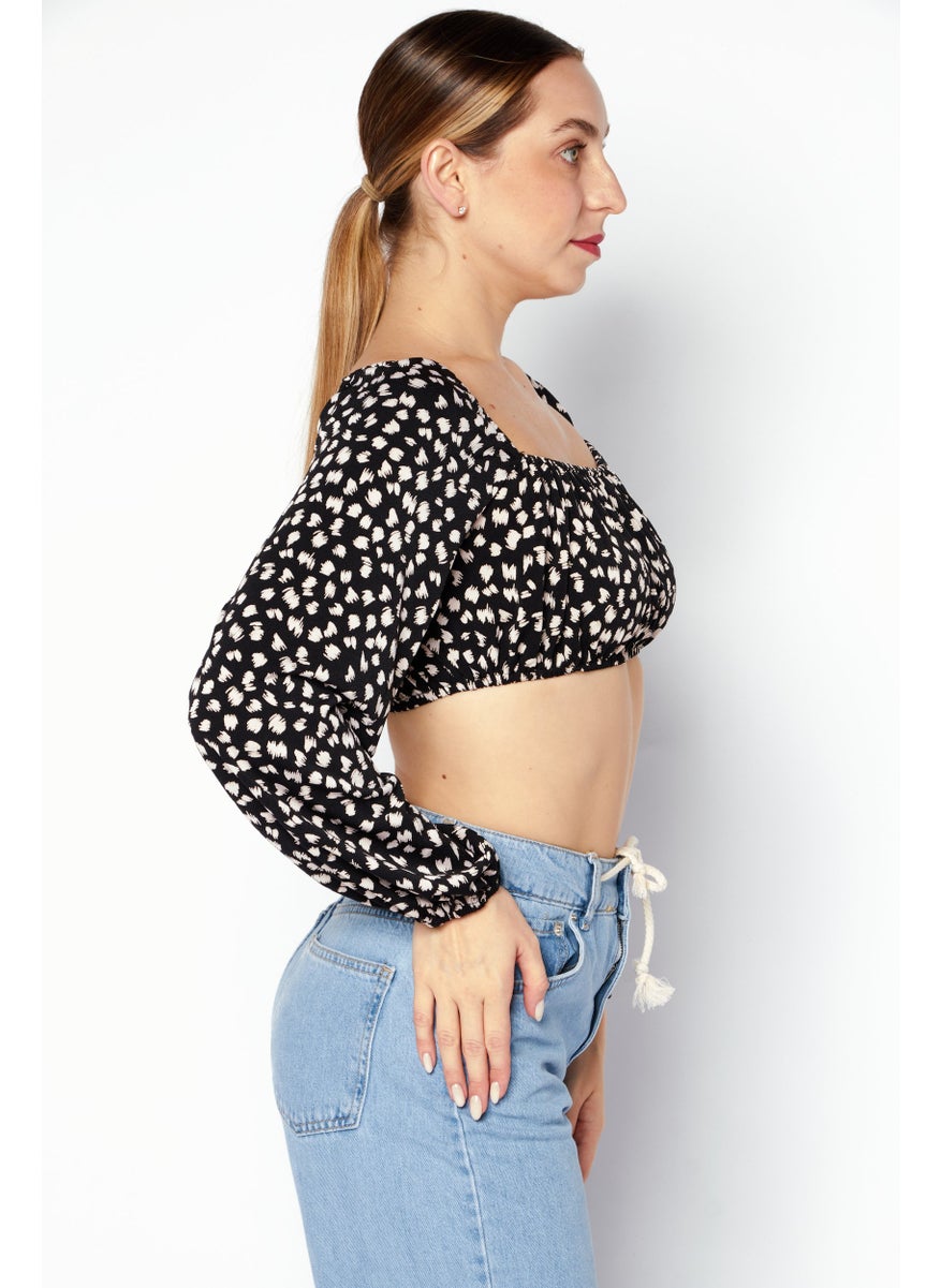 Endless Blu - Women Square Neck Long Sleeve Top, Black - Image 1