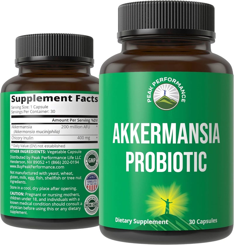 Peak Performance Akkermansia Probiotic to Increase GLP1 Production Ultra High Strength Akkermansia Muciniphila Live Strain With Prebiotic Fiber for Gut Health  Microbiome Balance Delayed Release 3rd Party Tested - Image 1
