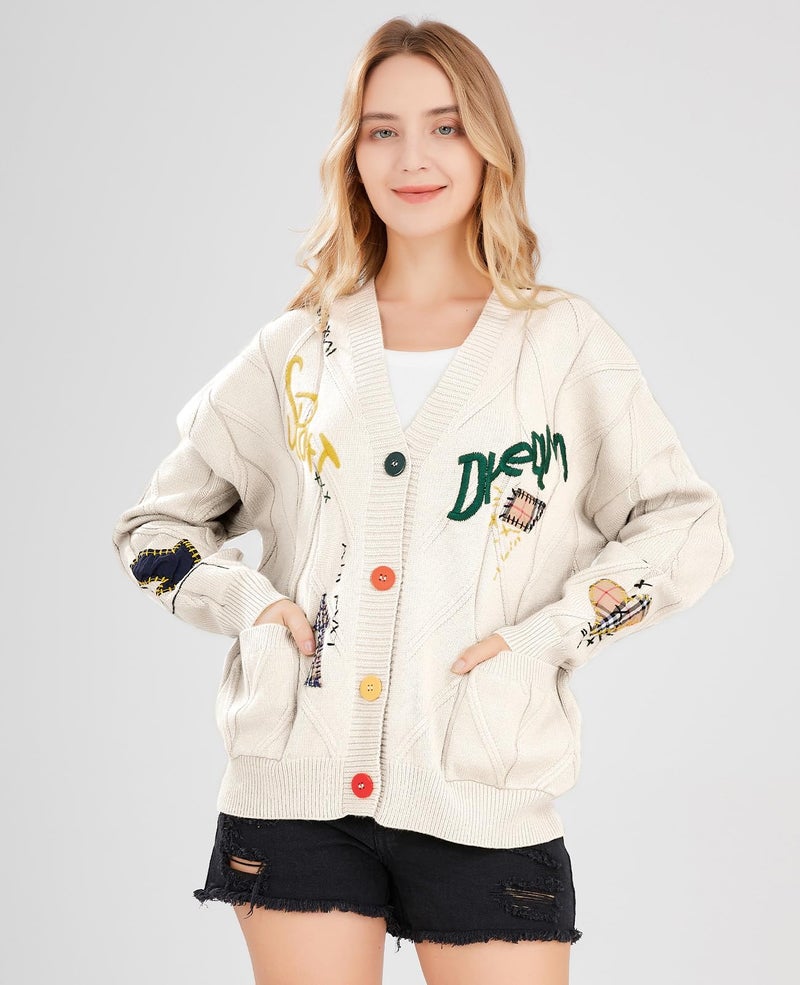 ebossy Women's Cable Knit Long Sleeve Open Front Cardigan Sheep V-Neck Button Down Embroidery Wool Blend Sweater Coat Outwear (L,Beige) - Image 2