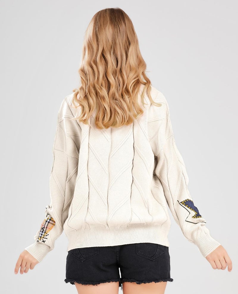ebossy Women's Cable Knit Long Sleeve Open Front Cardigan Sheep V-Neck Button Down Embroidery Wool Blend Sweater Coat Outwear (L,Beige) - Image 3