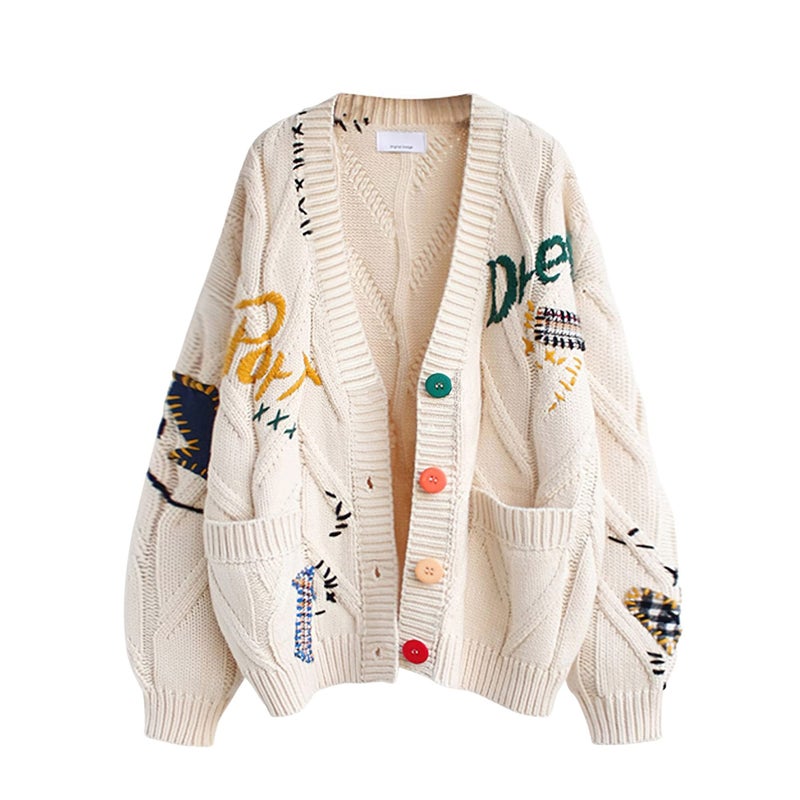 ebossy Women's Cable Knit Long Sleeve Open Front Cardigan Sheep V-Neck Button Down Embroidery Wool Blend Sweater Coat Outwear (L,Beige) - Image 5