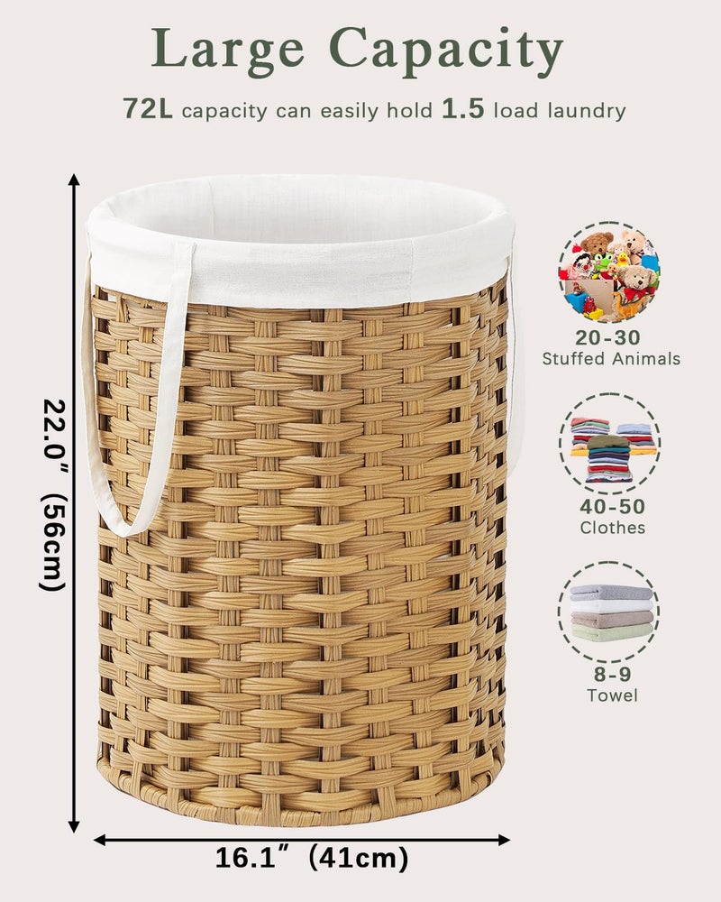 SETVSON Laundry Hamper Laundry Basket Round 19.0 Gal (72 L) Handwoven Rattan Hamper, Large Wicker Hamper Basket with Removable Liner Bag Handles 2 Mesh Bags for Bathroom Living Room Natural (No Lid) - Image 5