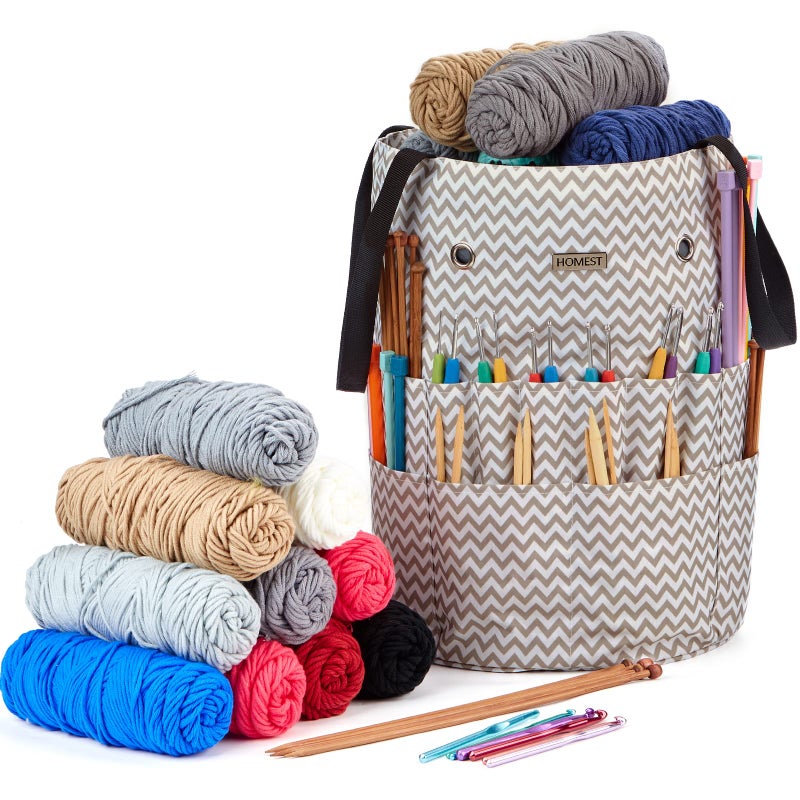 HOMEST Large Crochet Bag with Customized Front Compartment for Knitting Accessories, Yarn Storage with 6 Oversized Grommets, Tote Organizer with Drawstring Closure, Ripple - Image 2