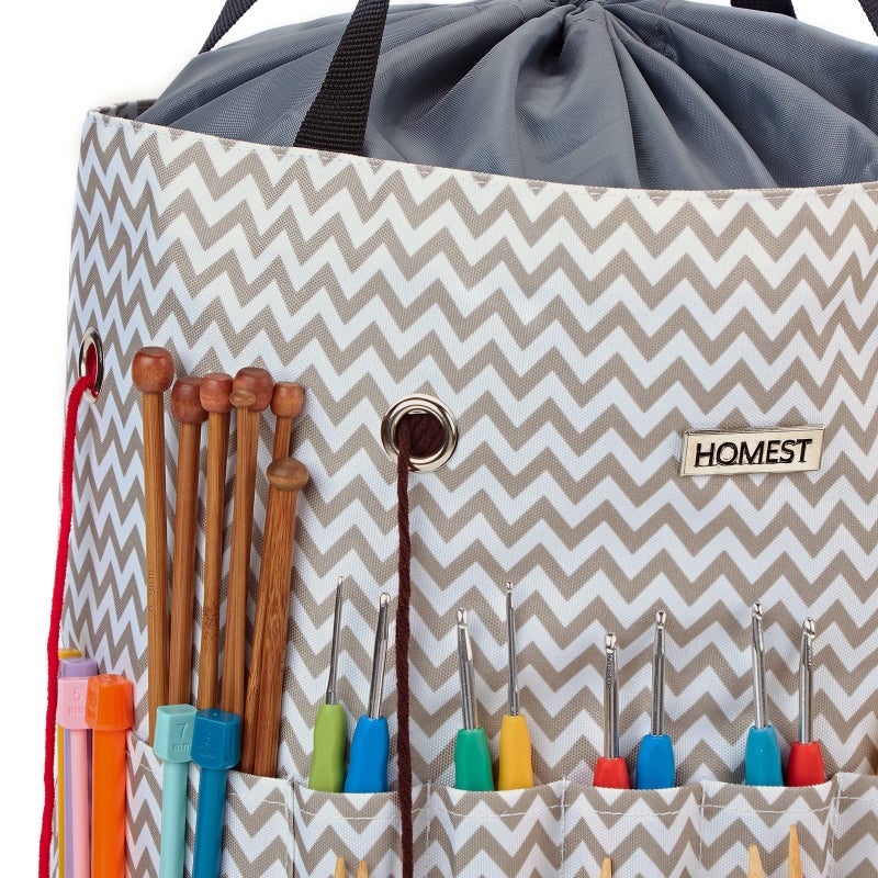HOMEST Large Crochet Bag with Customized Front Compartment for Knitting Accessories, Yarn Storage with 6 Oversized Grommets, Tote Organizer with Drawstring Closure, Ripple - Image 4