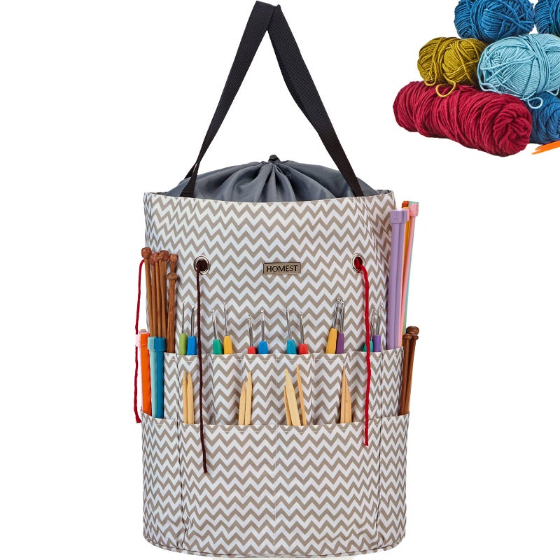 HOMEST Large Crochet Bag with Customized Front Compartment for Knitting Accessories, Yarn Storage with 6 Oversized Grommets, Tote Organizer with Drawstring Closure, Ripple - Image 1