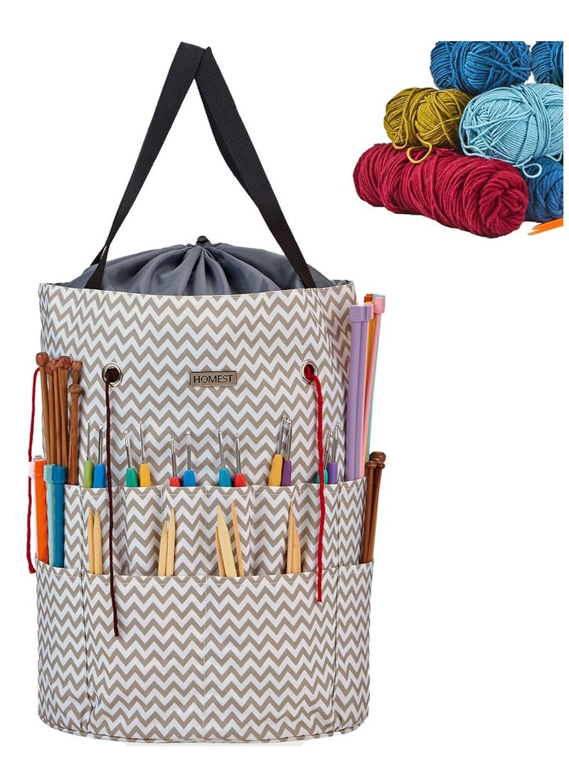 HOMEST - HOMEST Large Crochet Bag with Customized Front Compartment for Knitting Accessories, Yarn Storage with 6 Oversized Grommets, Tote Organizer with Drawstring Closure, Ripple, Bag Only - Image 1