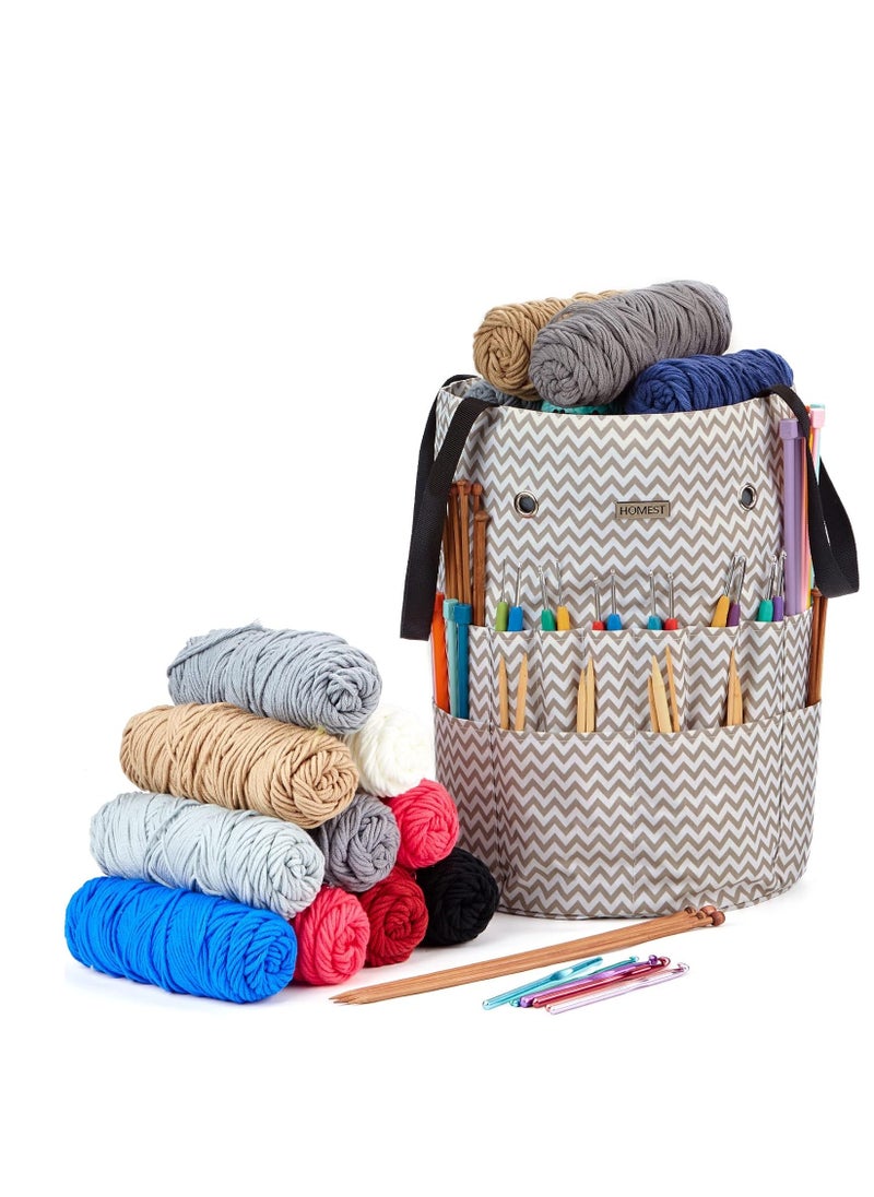 HOMEST - HOMEST Large Crochet Bag with Customized Front Compartment for Knitting Accessories, Yarn Storage with 6 Oversized Grommets, Tote Organizer with Drawstring Closure, Ripple, Bag Only - Image 1