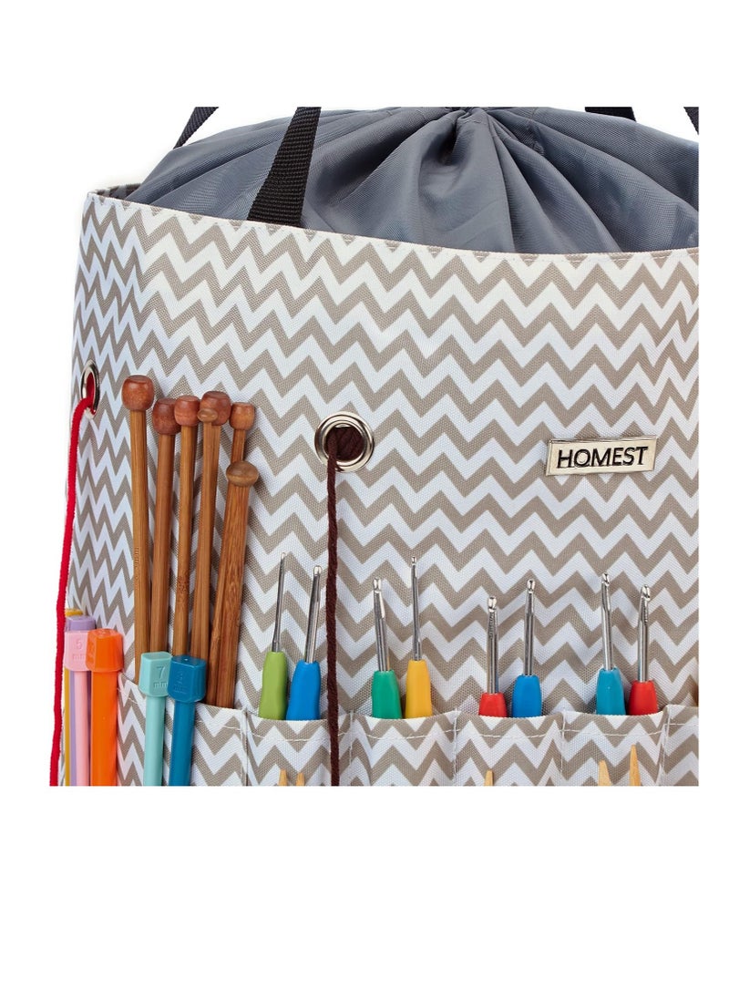 HOMEST - HOMEST Large Crochet Bag with Customized Front Compartment for Knitting Accessories, Yarn Storage with 6 Oversized Grommets, Tote Organizer with Drawstring Closure, Ripple, Bag Only - Image 1