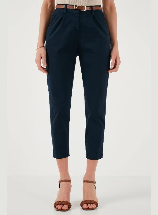 Lela Lela Stretch Cotton Regular Fit High Waist Straight Leg Short Trousers with Belt for Women PANTS 668YP5335