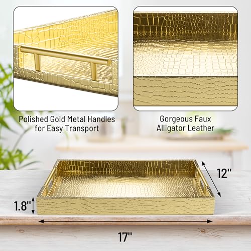 ATZYmolin 17" x 12" Wood Serving Tray with Gold Polished Metal Handles, Home Decorative Wooden Rectangle Ottoman Leather Decor Platter Bathroom Vanity Tray for All Occasions Alligator Gold - Image 2
