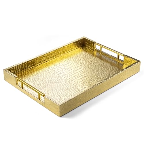 ATZYmolin 17" x 12" Wood Serving Tray with Gold Polished Metal Handles, Home Decorative Wooden Rectangle Ottoman Leather Decor Platter Bathroom Vanity Tray for All Occasions Alligator Gold - Image 1