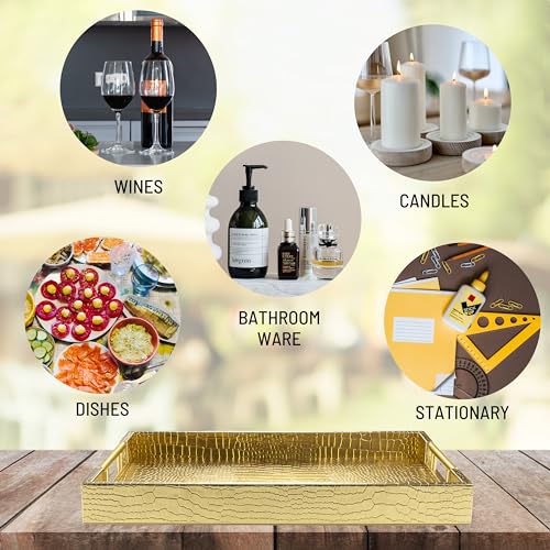 ATZYmolin 17" x 12" Wood Serving Tray with Gold Polished Metal Handles, Home Decorative Wooden Rectangle Ottoman Leather Decor Platter Bathroom Vanity Tray for All Occasions Alligator Gold - Image 5