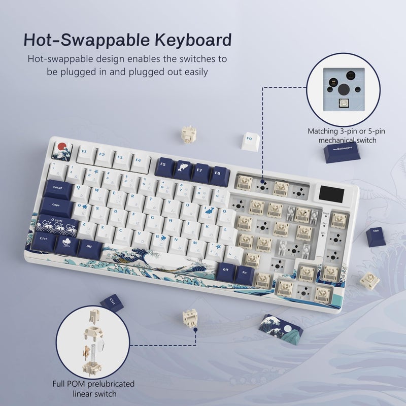 Womier SK80 75% Keyboard with Color Multimedia Display Mechanical Gaming Keyboard, Wired Hot Swappable Gasket Mount RGB Custom Key Board, Pre-lubed Stabilizer for Mac/Win, White Kanagawa - Image 4