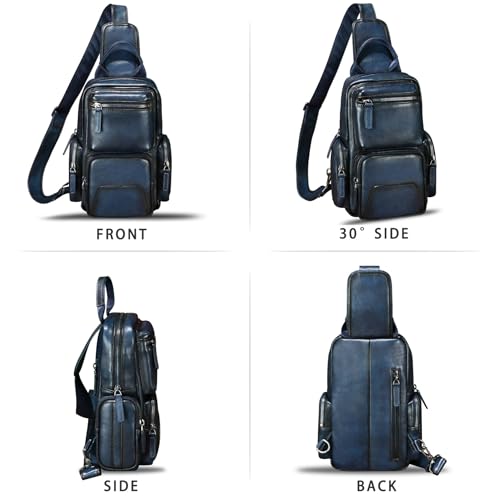 IVTG Genuine Leather Sling Bag Crossbody Casual Hiking Daypack Vintage Handmade Chest Bag Shoulder Backpack Motorcycle Pack (Blue) - Image 5