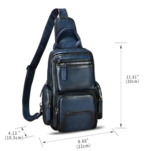 IVTG Genuine Leather Sling Bag Crossbody Casual Hiking Daypack Vintage Handmade Chest Bag Shoulder Backpack Motorcycle Pack (Blue) - Image 2