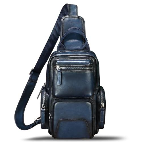 IVTG Genuine Leather Sling Bag Crossbody Casual Hiking Daypack Vintage Handmade Chest Bag Shoulder Backpack Motorcycle Pack (Blue) - Image 3