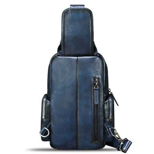 IVTG Genuine Leather Sling Bag Crossbody Casual Hiking Daypack Vintage Handmade Chest Bag Shoulder Backpack Motorcycle Pack (Blue) - Image 4