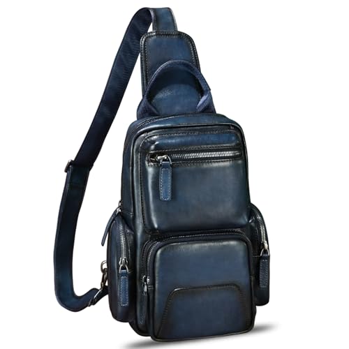 IVTG Genuine Leather Sling Bag Crossbody Casual Hiking Daypack Vintage Handmade Chest Bag Shoulder Backpack Motorcycle Pack (Blue) - Image 1