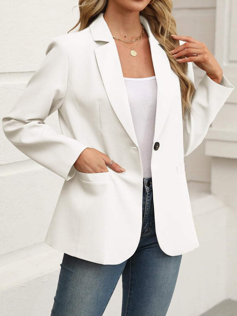 ELLEVEN Blazers for Women Business Casual Work Office Long Sleeve Lightweight Button Pockets Notched Lapel Collar Slim Fit Professional Suit Jacket Coat Outfits Padded Shoulder Cream White Large - Image 3