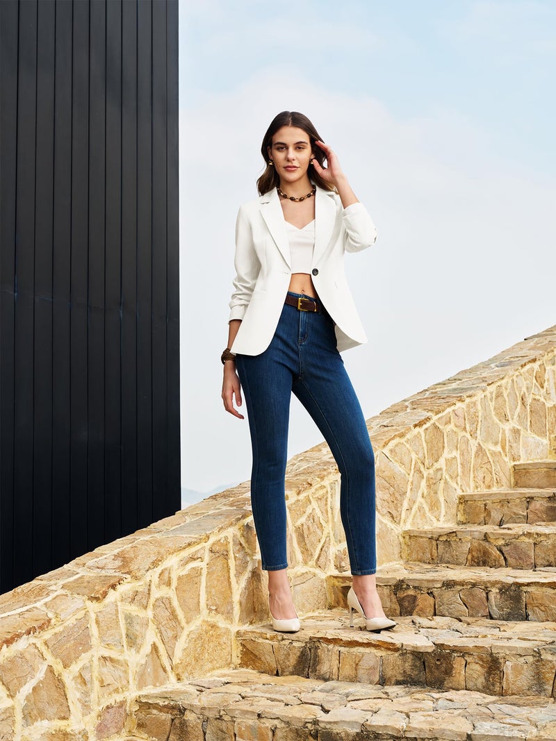 ELLEVEN Blazers for Women Business Casual Work Office Long Sleeve Lightweight Button Pockets Notched Lapel Collar Slim Fit Professional Suit Jacket Coat Outfits Padded Shoulder Cream White Large - Image 5