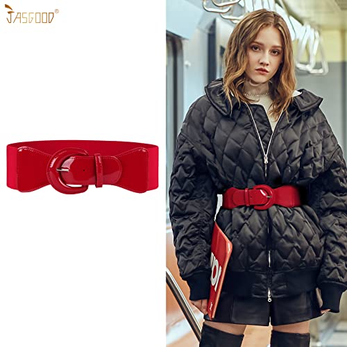 JASGOOD Women Wide Stretch Belt,Vintage Chunky Buckle Elastic Waist Belts Patent Leather Belt 50s Belt for Dress - Image 4