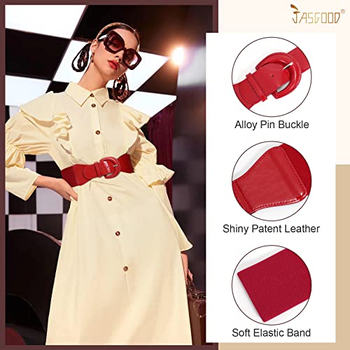 JASGOOD Women Wide Stretch Belt,Vintage Chunky Buckle Elastic Waist Belts Patent Leather Belt 50s Belt for Dress - Image 3