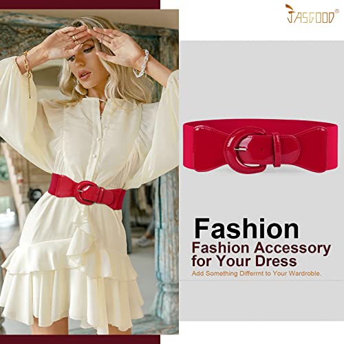 JASGOOD Women Wide Stretch Belt,Vintage Chunky Buckle Elastic Waist Belts Patent Leather Belt 50s Belt for Dress - Image 2