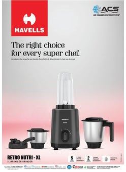 Havells Havells Retro Nutri-Xl 500 Watts 3 Jar Mixer Grinder|21000Rpm| RoHS Complaint | 600Ml Nutri Jar with Sipper Lid | 1L Dry/Wet Grinding Jar |2Yr Product & 5Yr Motor Manufacturer Warranty (Black)  - Image 2