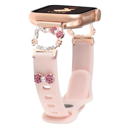 TERKOWQI Slim Silicone Band Compatible with Apple Watch Bands for Women 38/40/41/42/44/45/46/49mm, Stylish Bling Cute Cartoon Design Thin Sport Strap for iWatch Series 10 9 8 7 6 5 4 3 2 1 SE Ultra 2 1 (Pink, 38/40/41/42mm(Series 10)) - Image 1