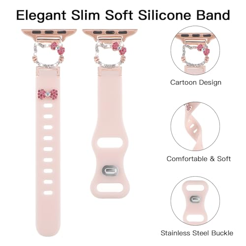 TERKOWQI Slim Silicone Band Compatible with Apple Watch Bands for Women 38/40/41/42/44/45/46/49mm, Stylish Bling Cute Cartoon Design Thin Sport Strap for iWatch Series 10 9 8 7 6 5 4 3 2 1 SE Ultra 2 1 (Pink, 38/40/41/42mm(Series 10)) - Image 2