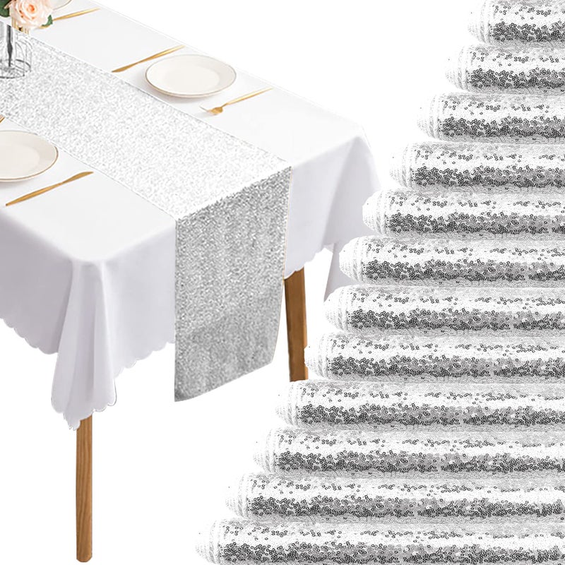 12 Packs 12 X 72 Inch Silver Sequin Table Runner Glitter Dining Table Runner for Birthday Wedding Engagement Bridal Baby Shower Bachelorette Holiday Celebration Party Supplies Decorations Silver