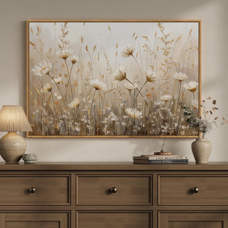 Cuspin Framed Vintage Floral Wall Art, Neutral Rustic Botanical Flower Market Canvas Artwork for Modern Farmhouse, White Gold Wildflower Painting Prints for Living Room Bedroom Kitchen Dining Room, 24x36 In - Image 1