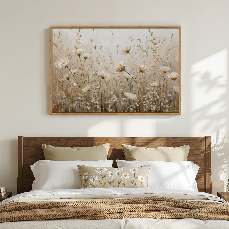 Cuspin Framed Vintage Floral Wall Art, Neutral Rustic Botanical Flower Market Canvas Artwork for Modern Farmhouse, White Gold Wildflower Painting Prints for Living Room Bedroom Kitchen Dining Room, 24x36 In - Image 2