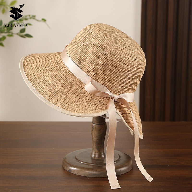 SY Raffia Straw Hat with Bow, Wide Brim Sun Hat for Women - Image 1
