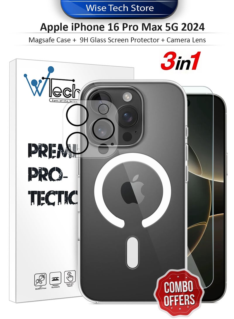دبليو تيك حزمة حماية 3 في 1 لهاتف أبل آيفون 16 برو ماكس 5G 2024، غطاء شفاف فائق ضد الصدمات مع ماجسيف، واقي شاشة زجاجي بقوة 9H وواقي عدسة الكاميرا، حماية 360، سهولة التركيب - شفاف - Image 1