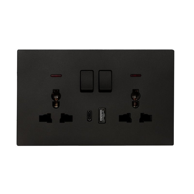Donmarco Ultra Thin 2 Gang Double MF Socket 13A with USB + Type-C Ports (5V 3.1A) – Fire-Resistant , 3-Year Warranty , Sleek Plastic Design (Matt Black) | 13A Socket Wall Socket Power Outlet - Image 1