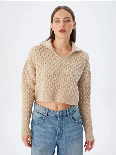 ميكسراي Mixray Relaxed Fit Crop Sweater with Shirt Collar