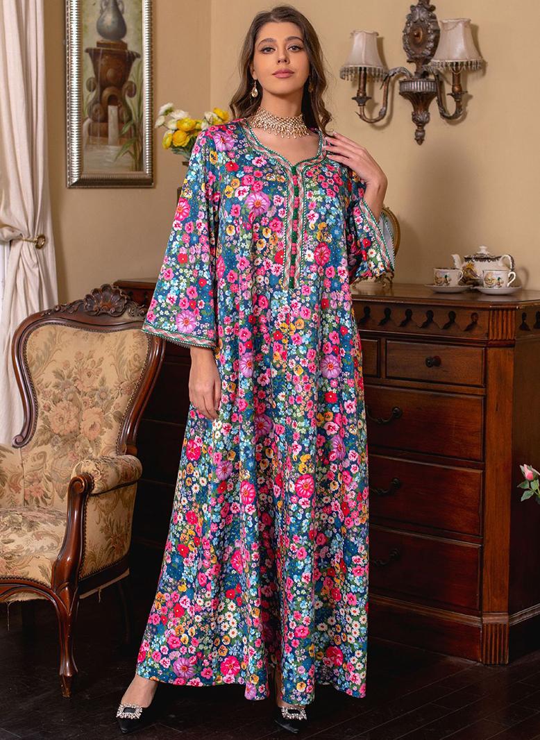 FridayIn Sweet V-neck Flowers Printing Color contrast Ribbon Buttons Flared sleeve Kaftan Variant Color - Image 3