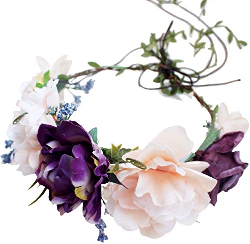 YnimioAOX Handmade Adjustable Flower Wreath Headband Halo Floral Crown Garland Headpiece,D11-purple/light pink - Image 1